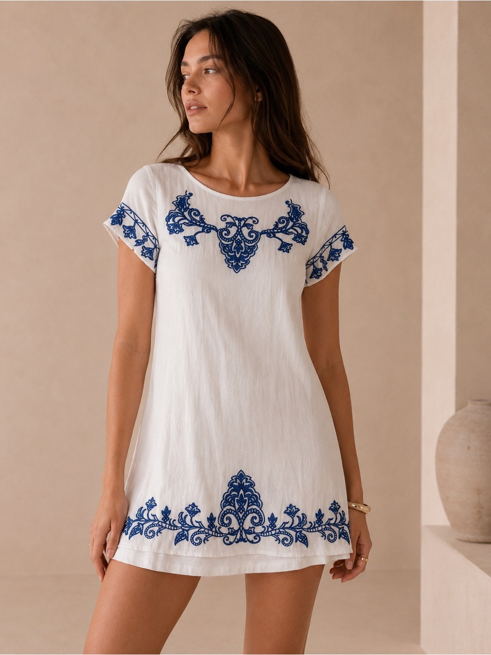 Lulu's White & Blue Embroidered Short Sleeve Dress Size Medium